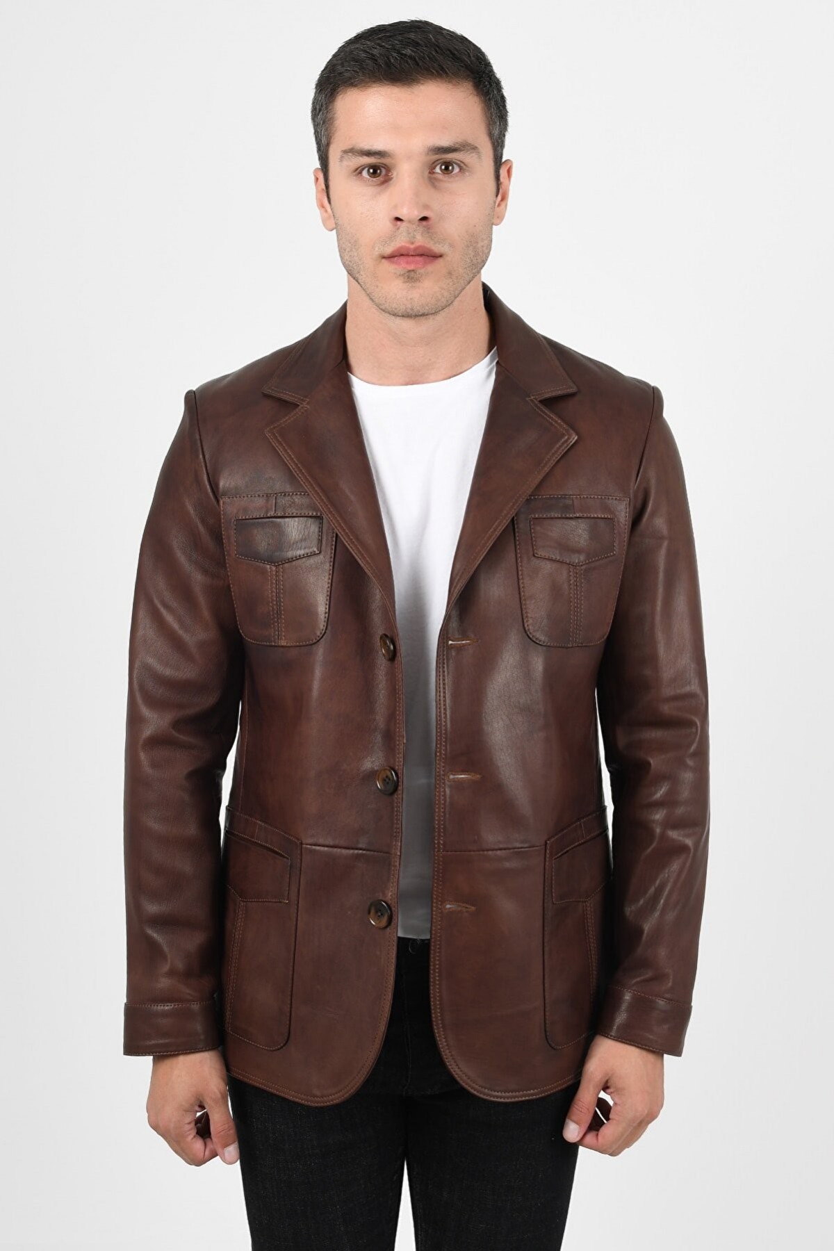 Mens Wax Brown Slim Fit Leather Blazer - Martell M6006R