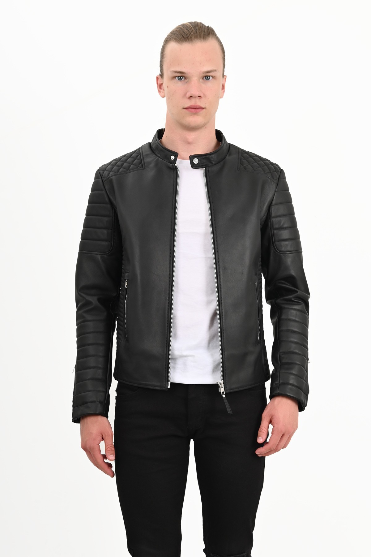 Mens fitted black biker leather jacket with silver metal hardware