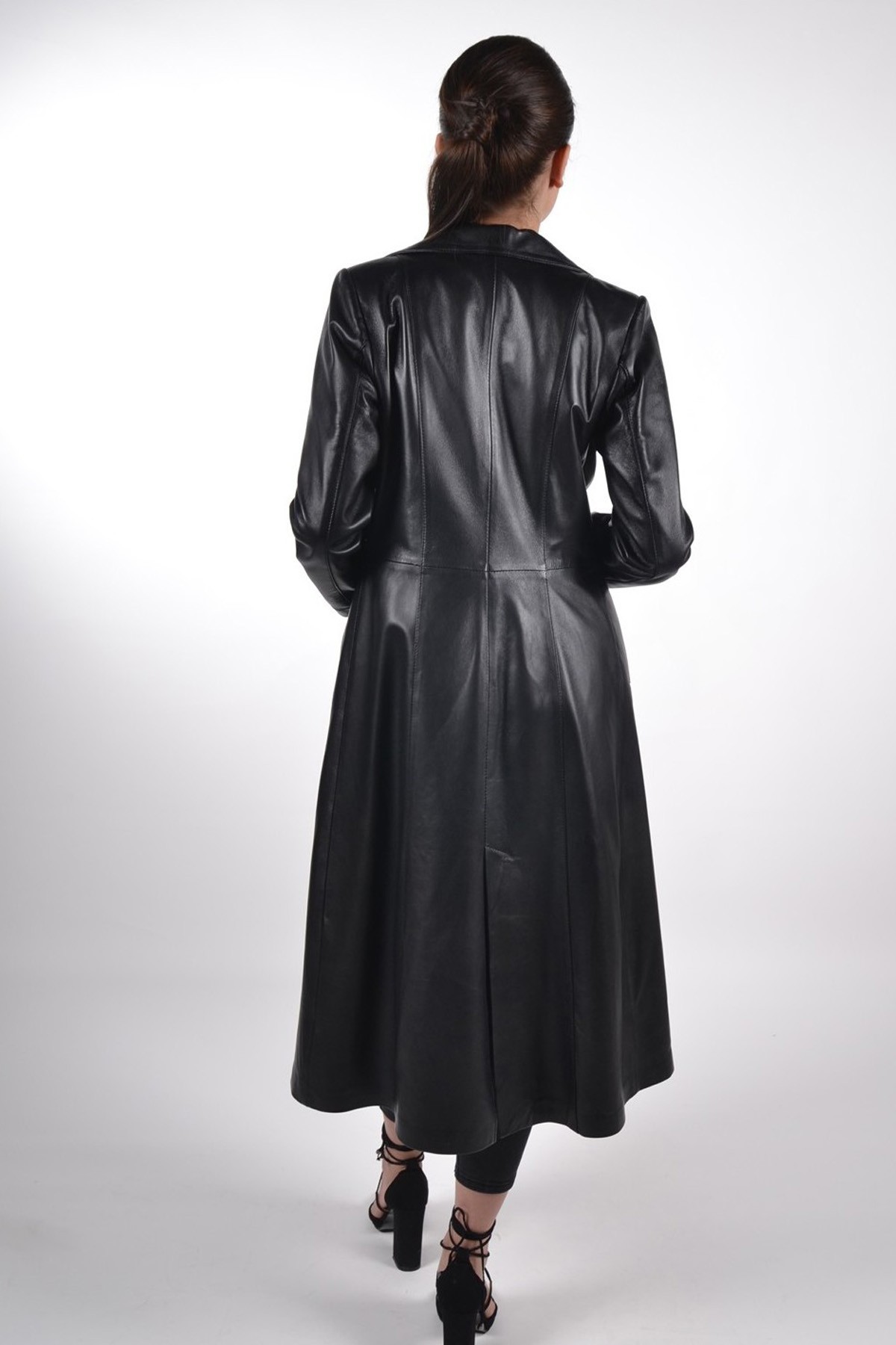 Black Full Length Womens Leather Fitted Coat - Tyrell W2019A