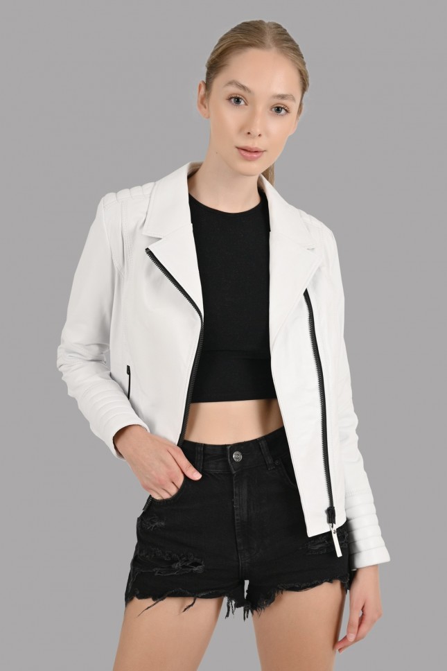 Alexa white leather jacket woman