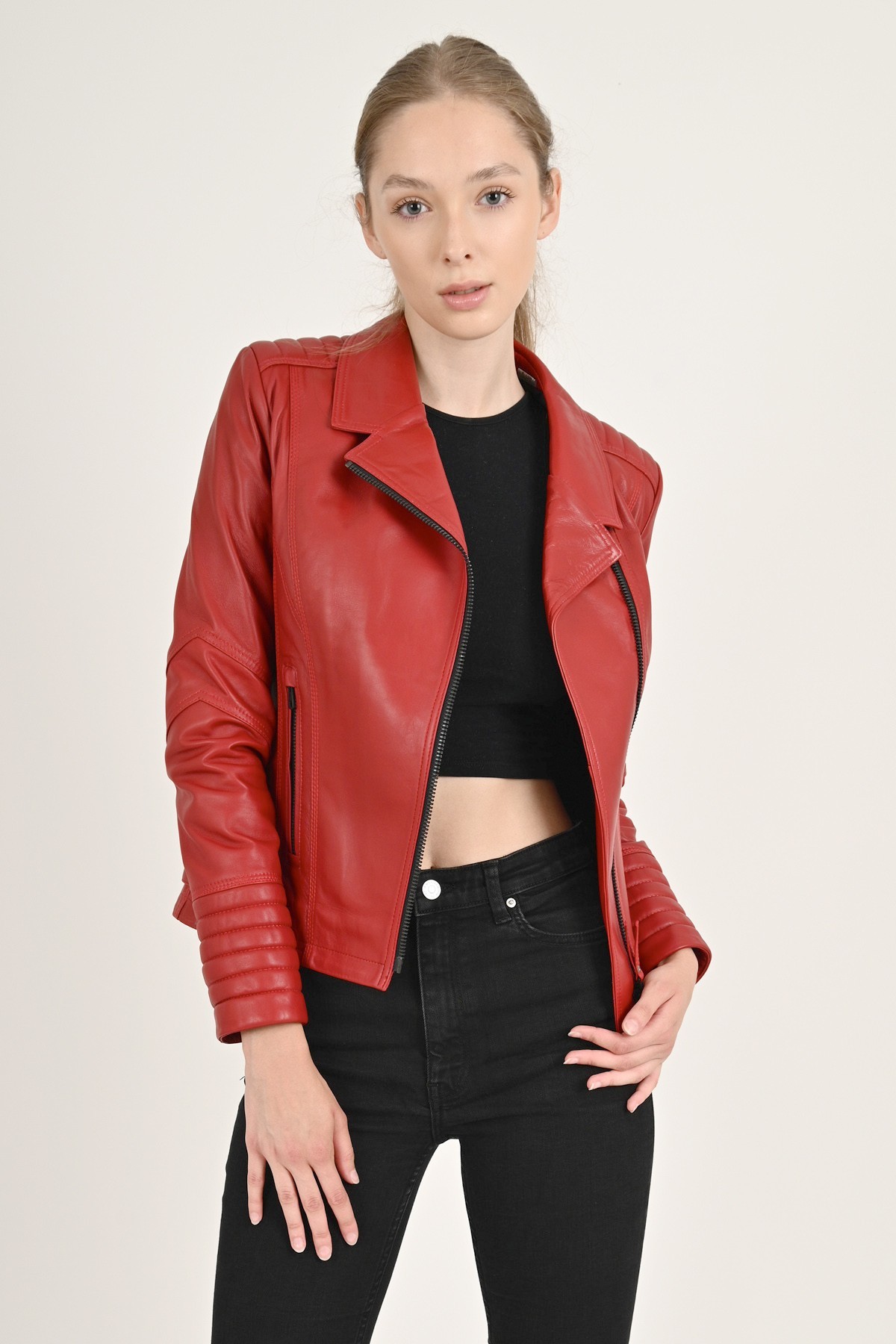 Alexa red leather jacket woman