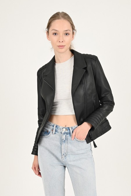 Alexa black leather jacket woman