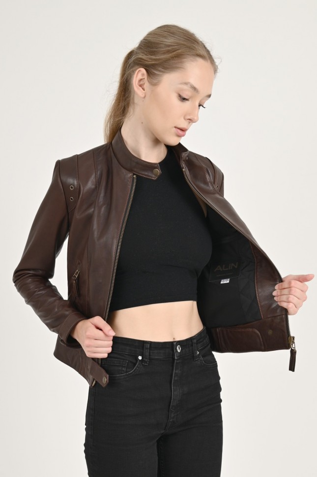 Rio fitted wax brown leather jacket woman