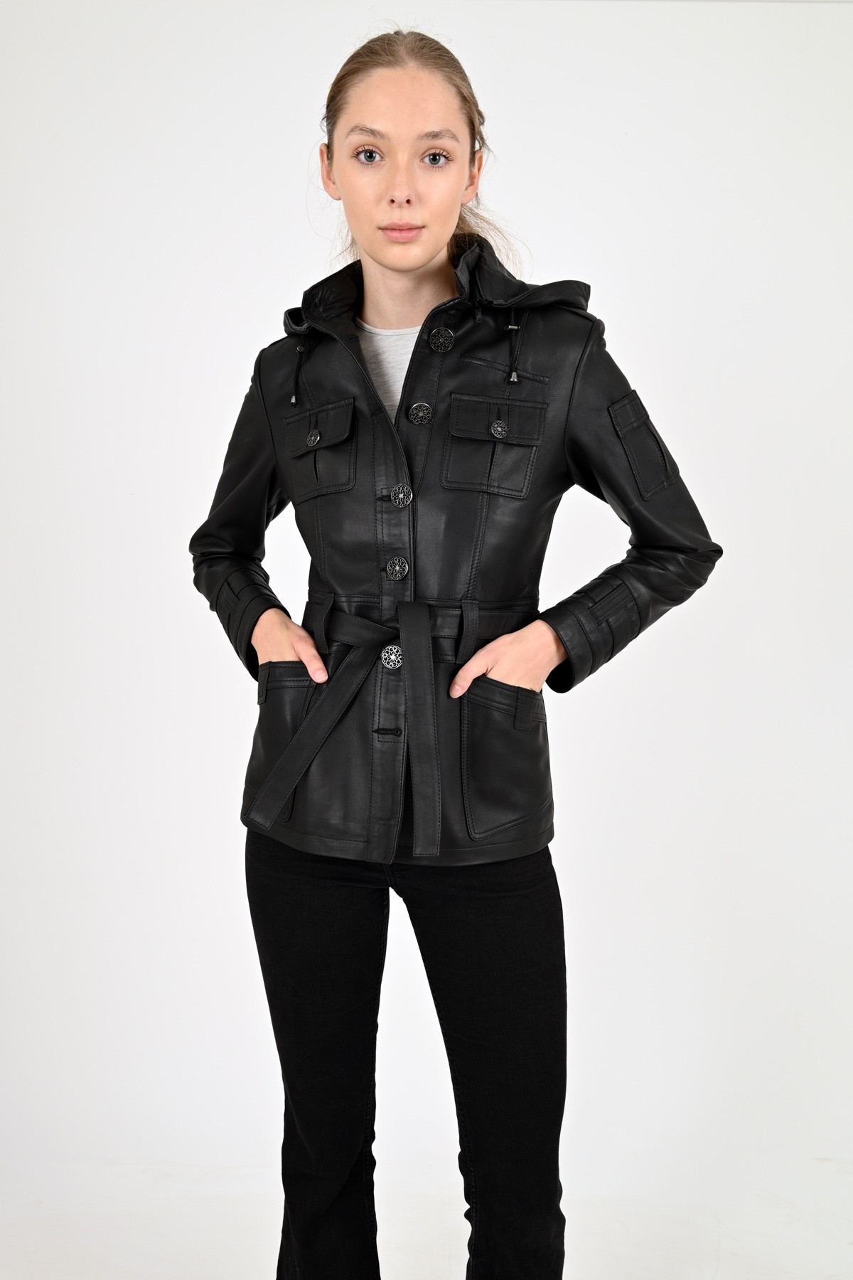 Sansa hooded leather jacket woman