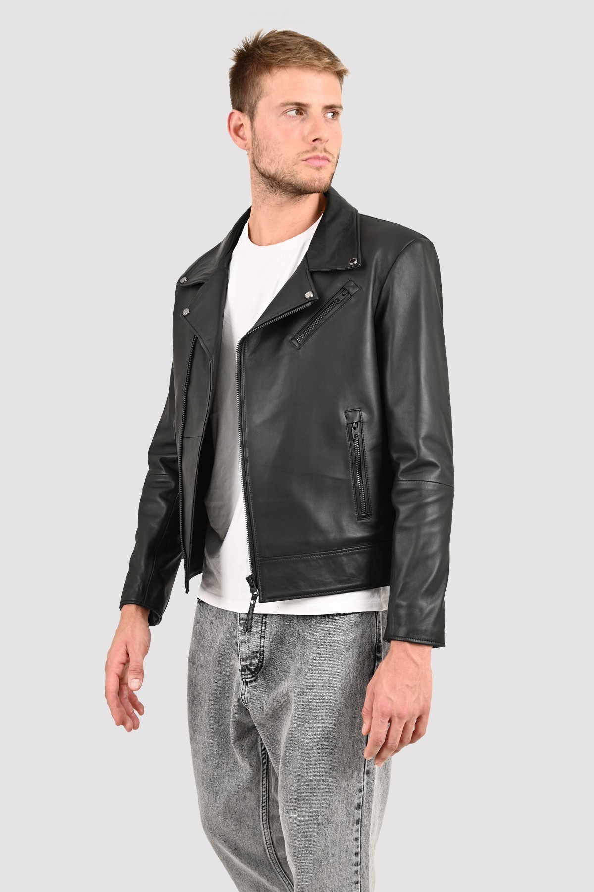 Casual fit leather jacket mens